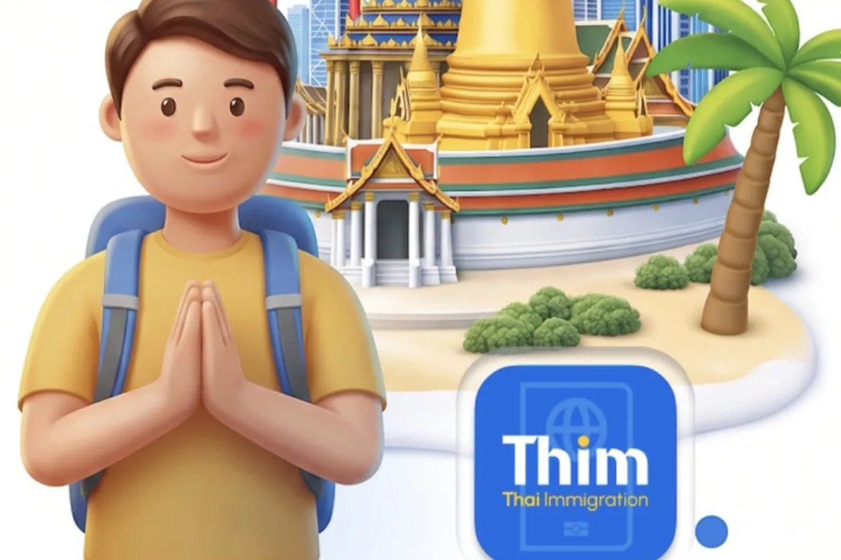 Illustration de l’application THIM Thai Immigration avec un voyageur et des temples thaïlandais