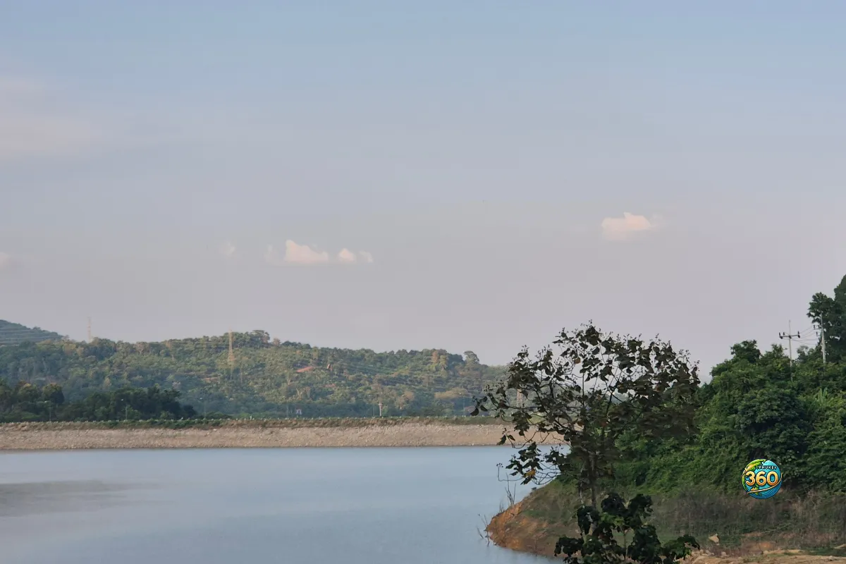 Vue sur le lac de Chalong Dam Reservoir à Phuket avec arbre au bord de l’eau, rive végétalisée et colline en arrière-plan