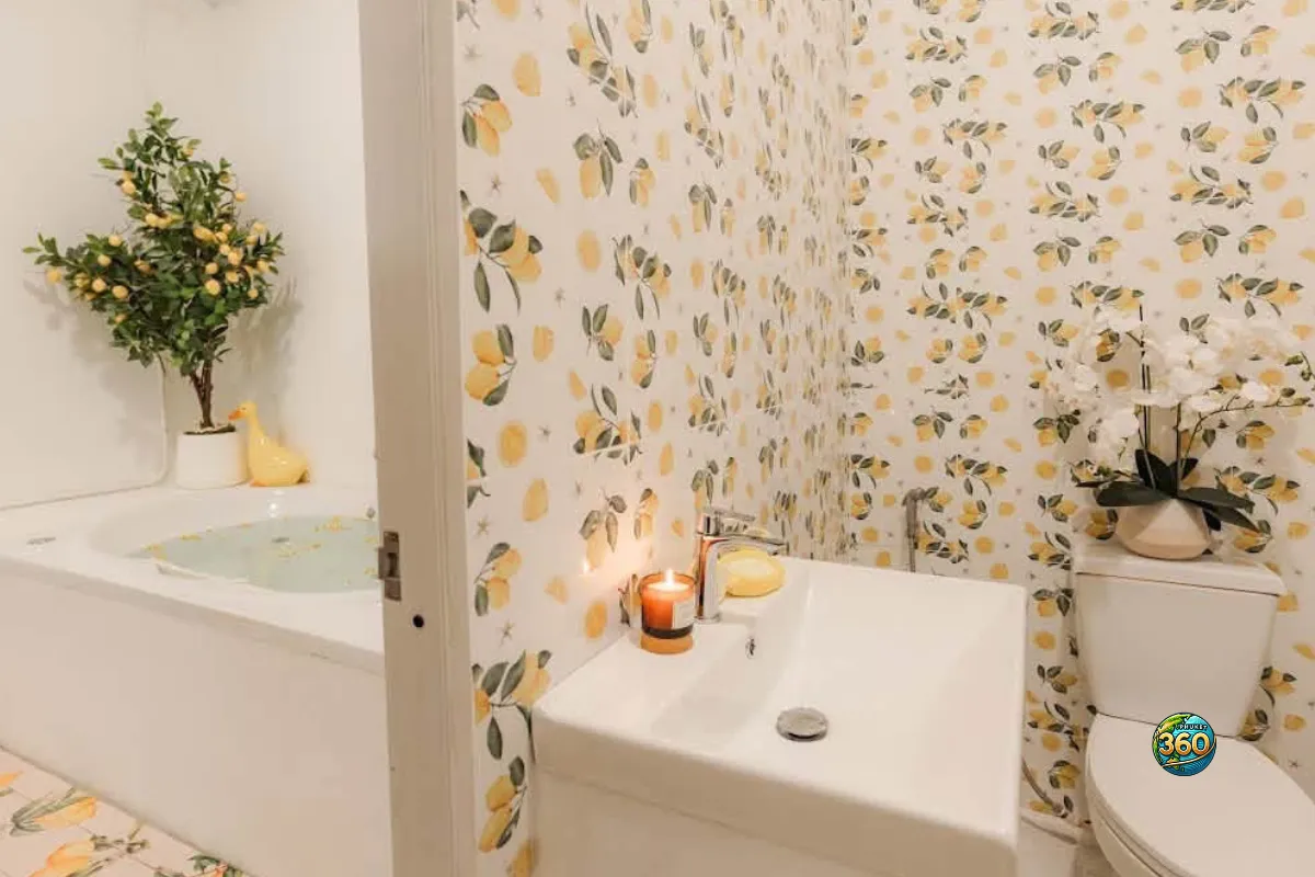 Salle de bain décorée d’une chambre à louer à Phuket avec papier peint citron, lavabo, toilettes, baignoire et décoration végétale