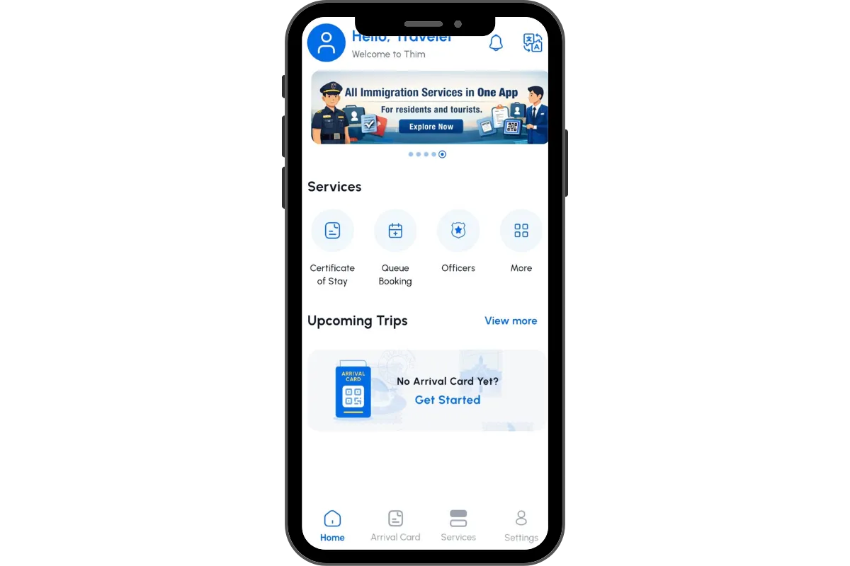 Interface de l’application THIM Thai Immigration avec les services d’immigration et la carte d’arrivée