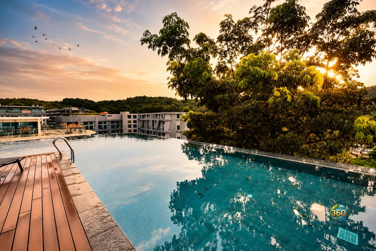 Piscine à débordement de la résidence Utopia Nai Harn à Phuket entourée de végétation avec vue sur les bâtiments