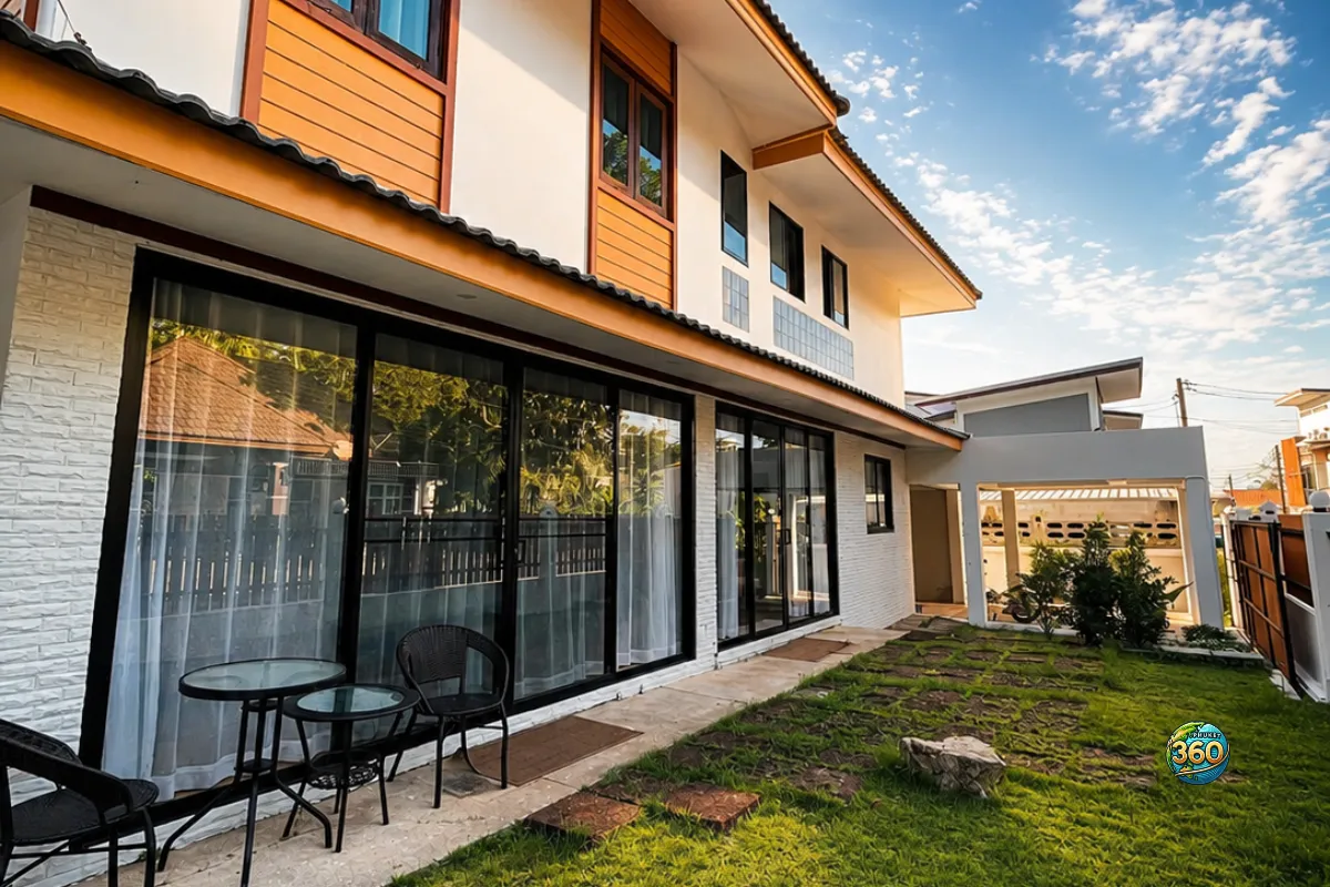 Façade extérieure de la maison 3 chambres à louer à Bang Tao, Phuket, avec jardin, terrasse, grandes baies vitrées et espace couvert