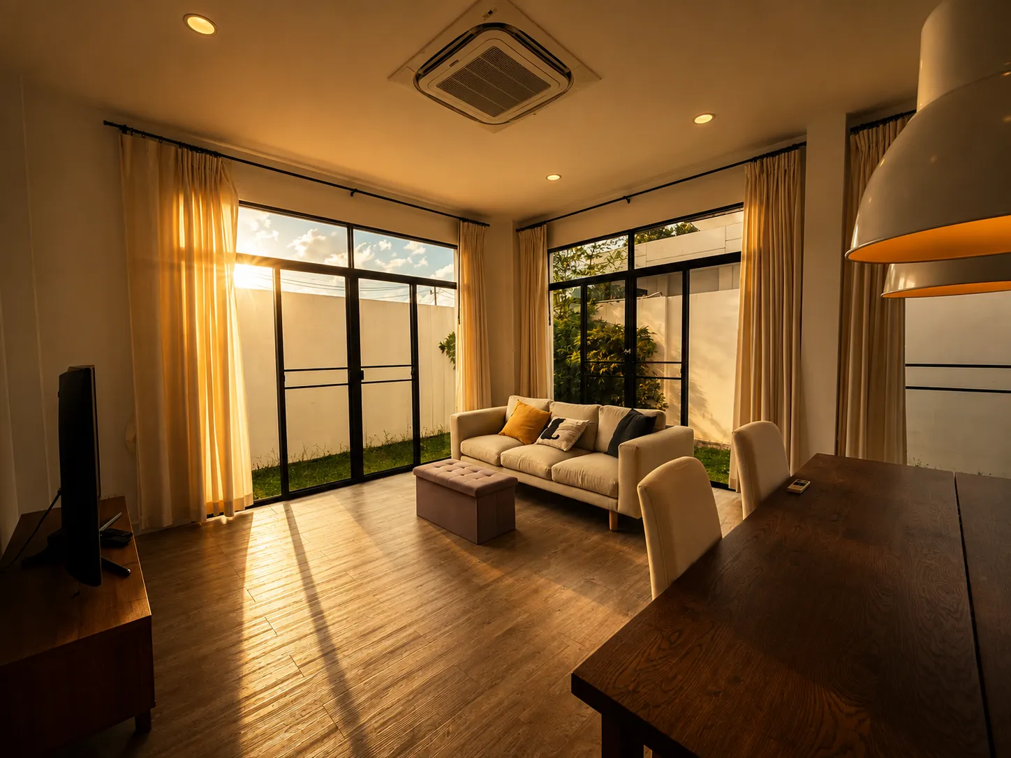 Salon et salle à manger de la maison Mono Plus Palai à Phuket avec canapé, télévision, grande table, baies vitrées et vue sur le jardin