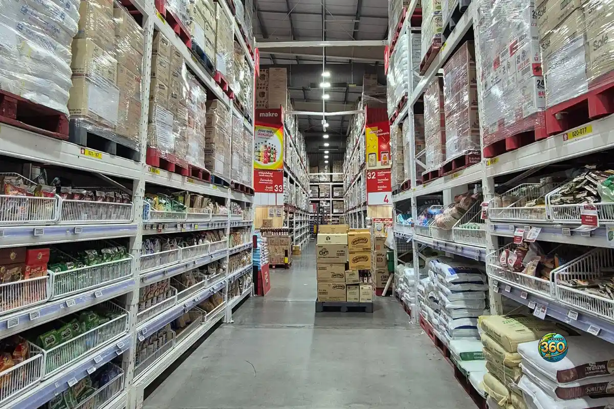 Allée centrale de l’entrepôt Makro à Phuket avec rayonnages en hauteur