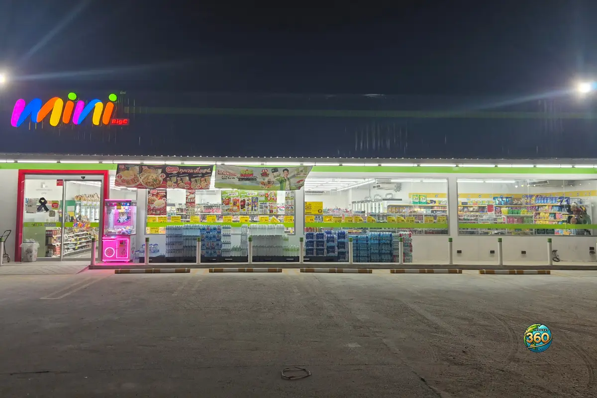 Mini Big C ouvert de nuit en Thaïlande avec éclairage et rayons visibles