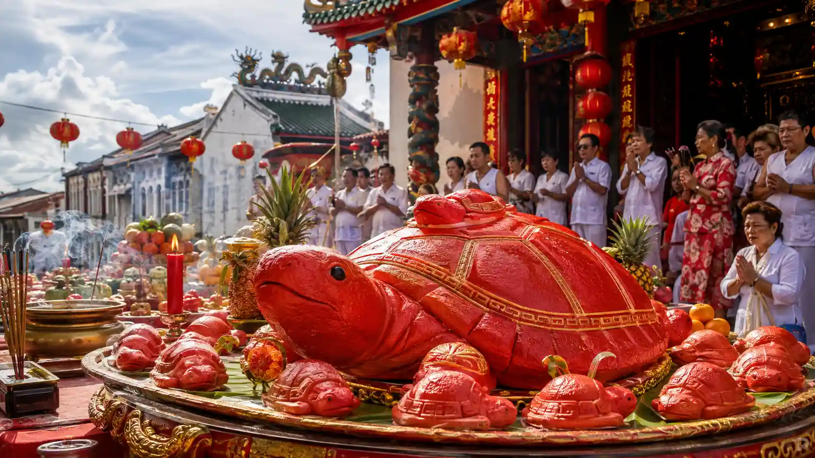 Gâteaux rouges en forme de tortue et offrandes lors du Por Tor Festival à Phuket