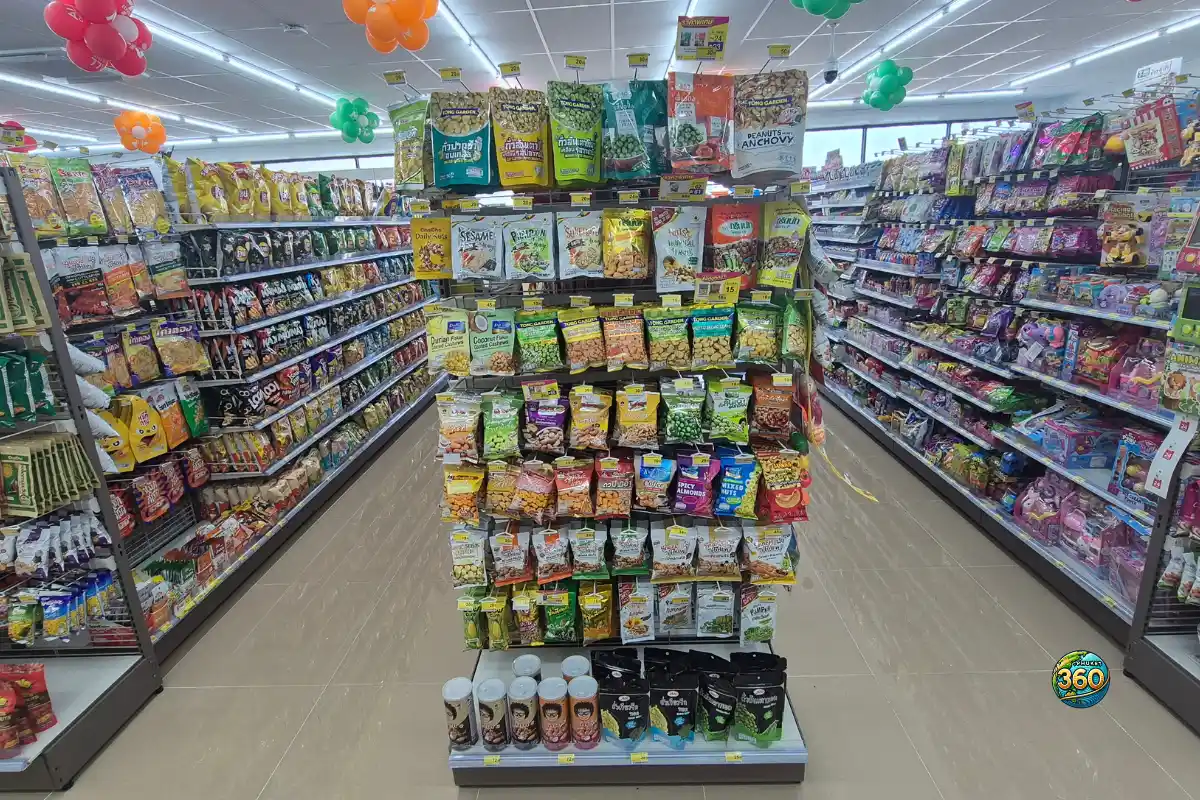 Rayon de snacks et chips dans un 7-Eleven en Thaïlande, avec chips Lay’s et encas locaux