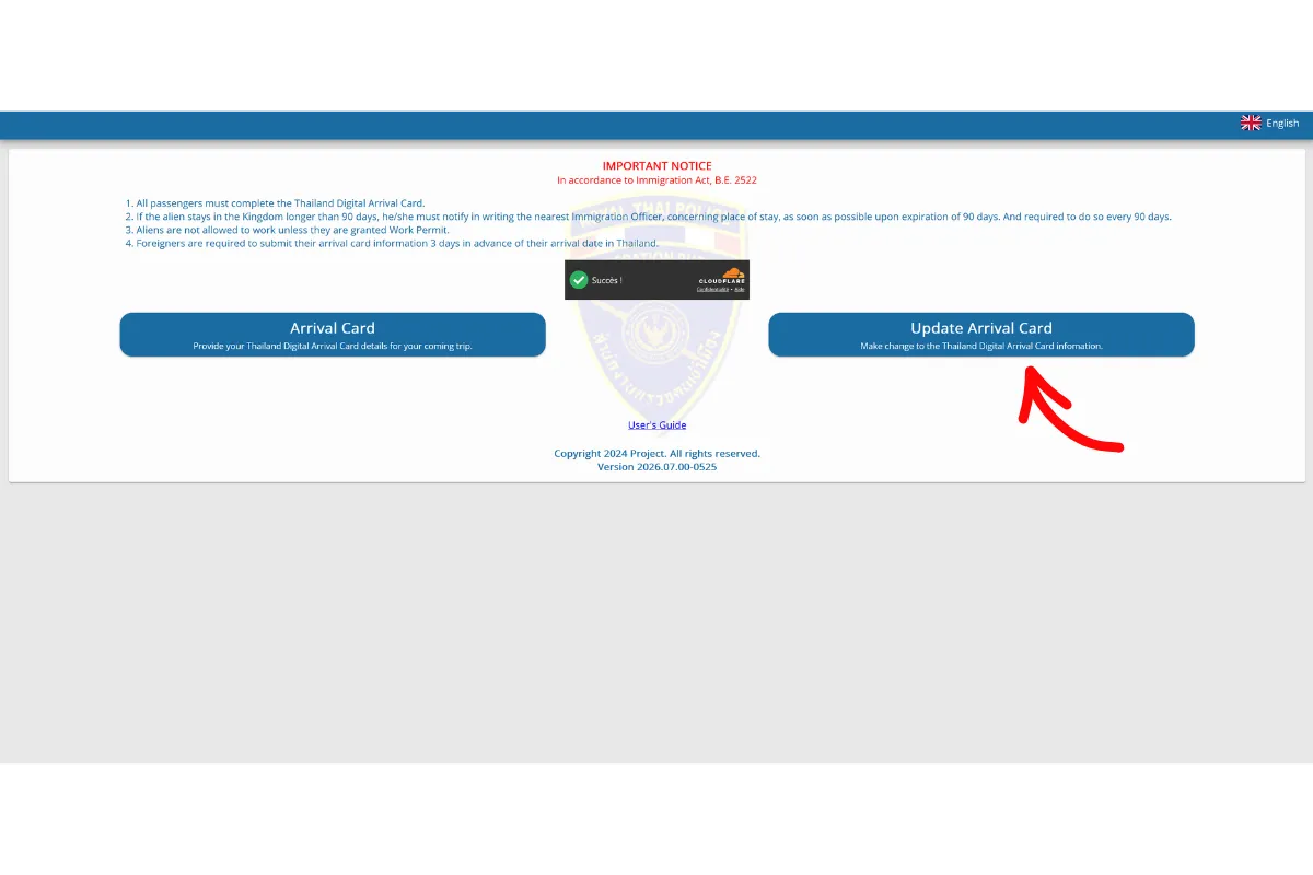 Capture d’écran de la page TDAC avec le bouton Update Arrival Card indiqué par une flèche rouge pour modifier une carte d’arrivée déjà envoyée