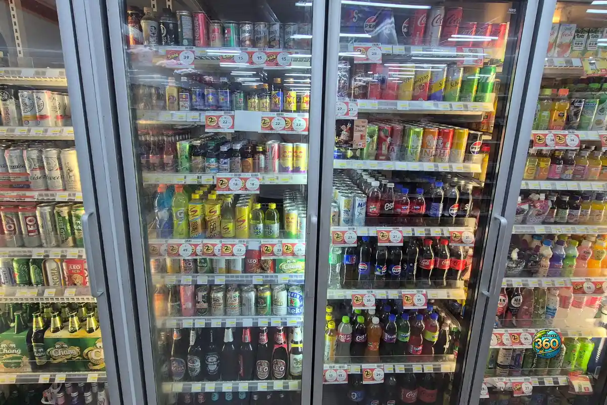 Réfrigérateurs remplis de boissons et bières dans un magasin Tops Daily à Phuket