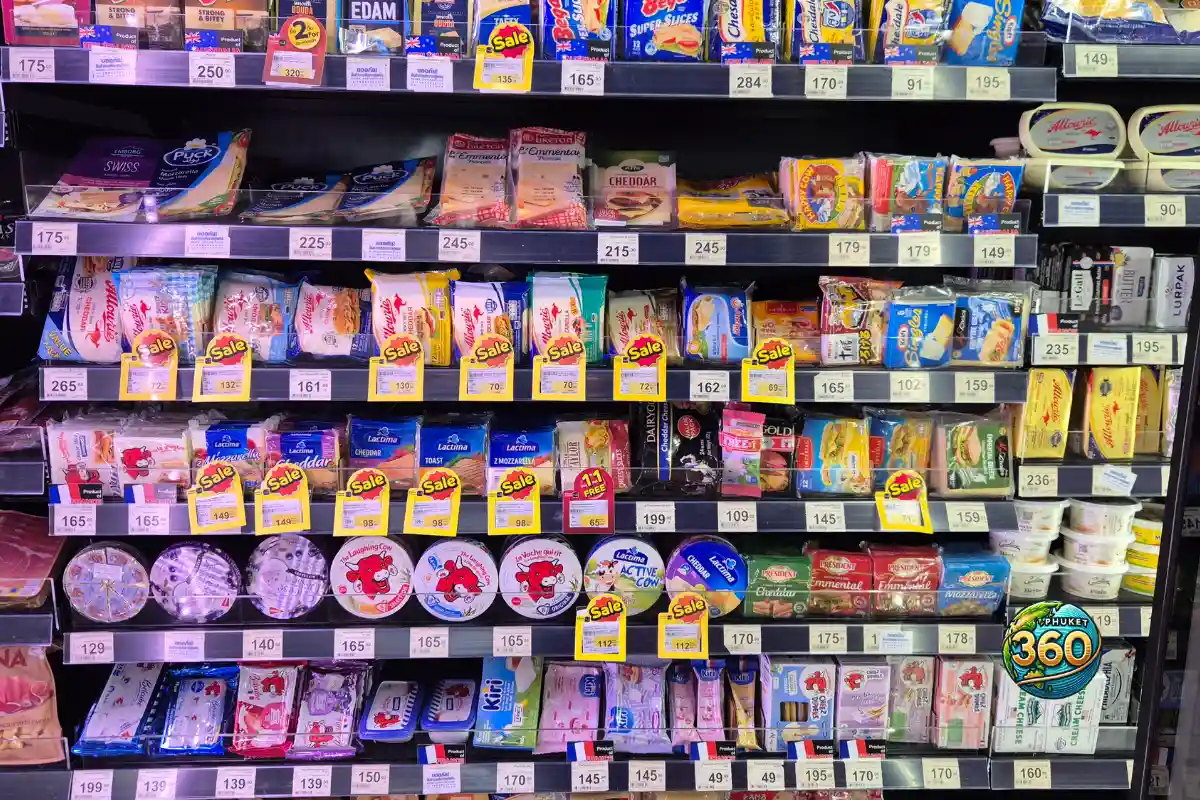 Rayon de fromages et produits laitiers dans un supermarché Tops Market à Phuket en Thaïlande