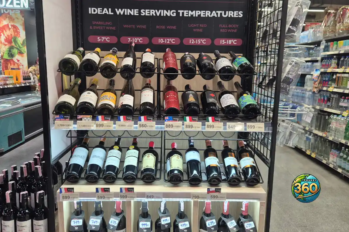 Présentoir de vins avec indication des températures idéales de service dans un Tops Market à Phuket